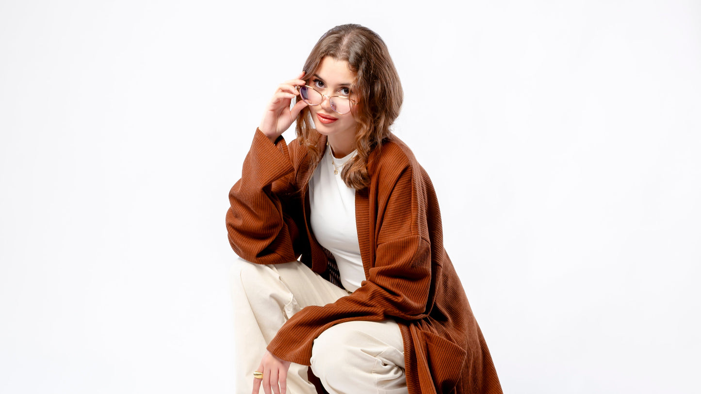Relaxed long cardigan in Chocolate Brown.