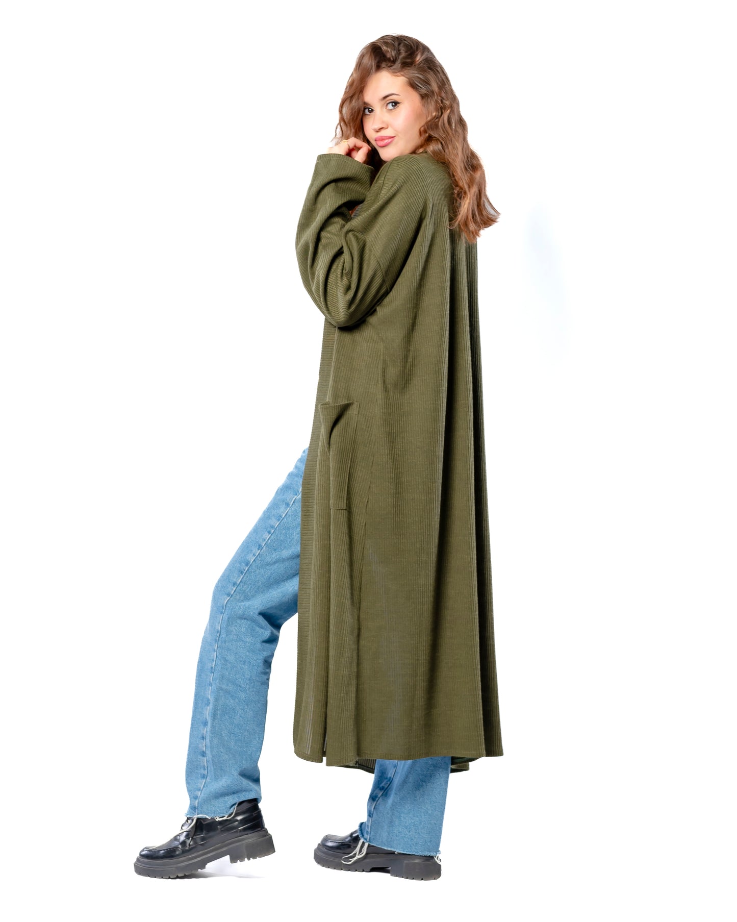 Relaxed long cardigan in Olive.