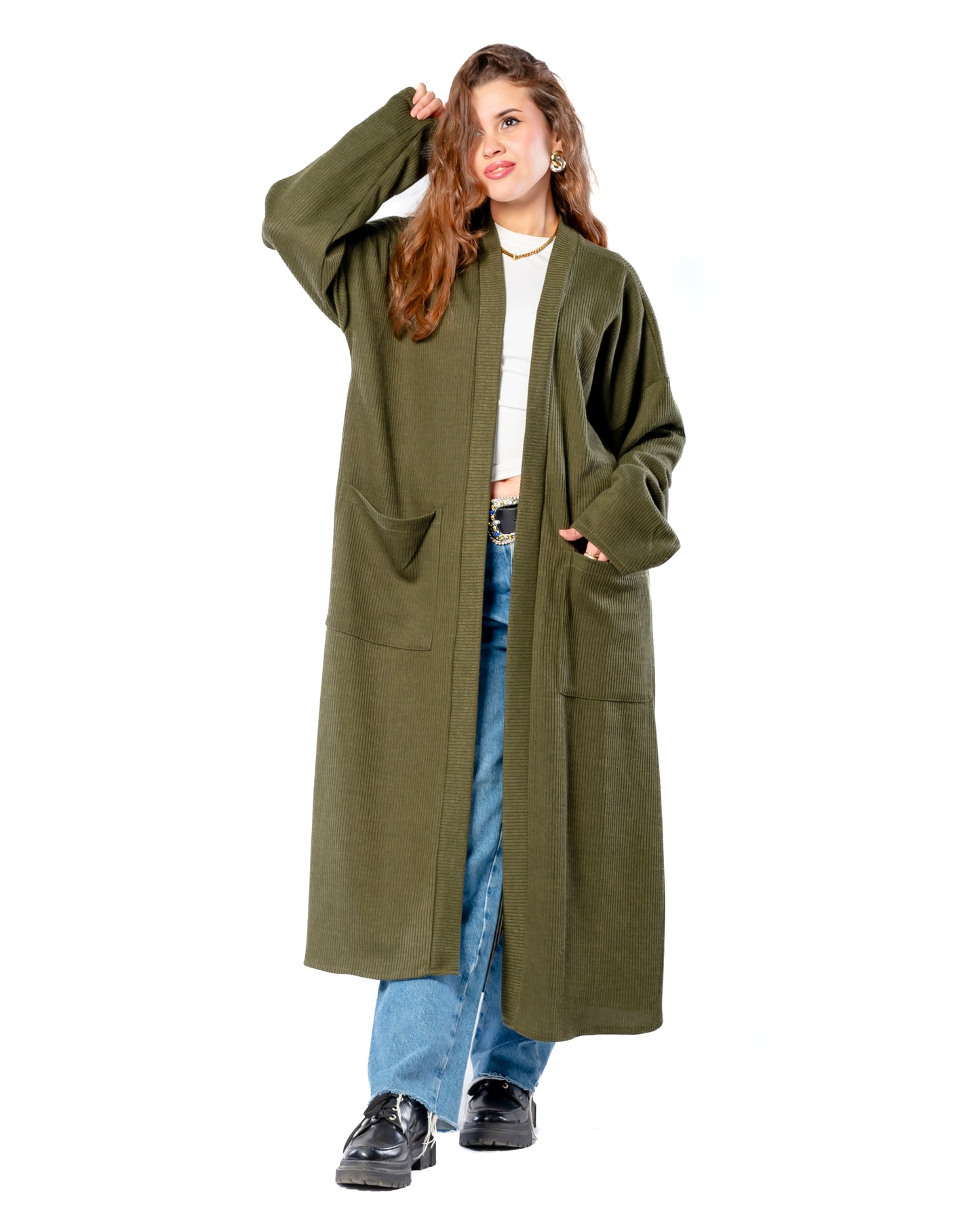 Relaxed long cardigan in Olive.