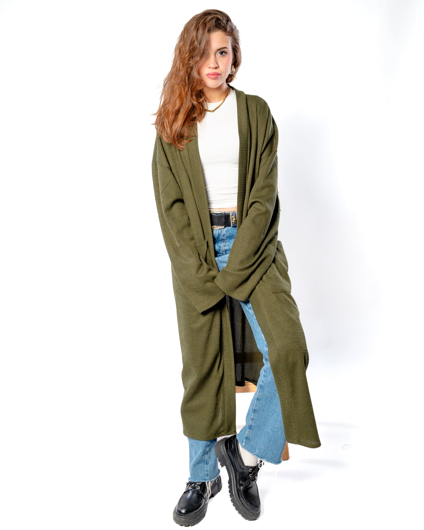 Relaxed long cardigan in Olive.