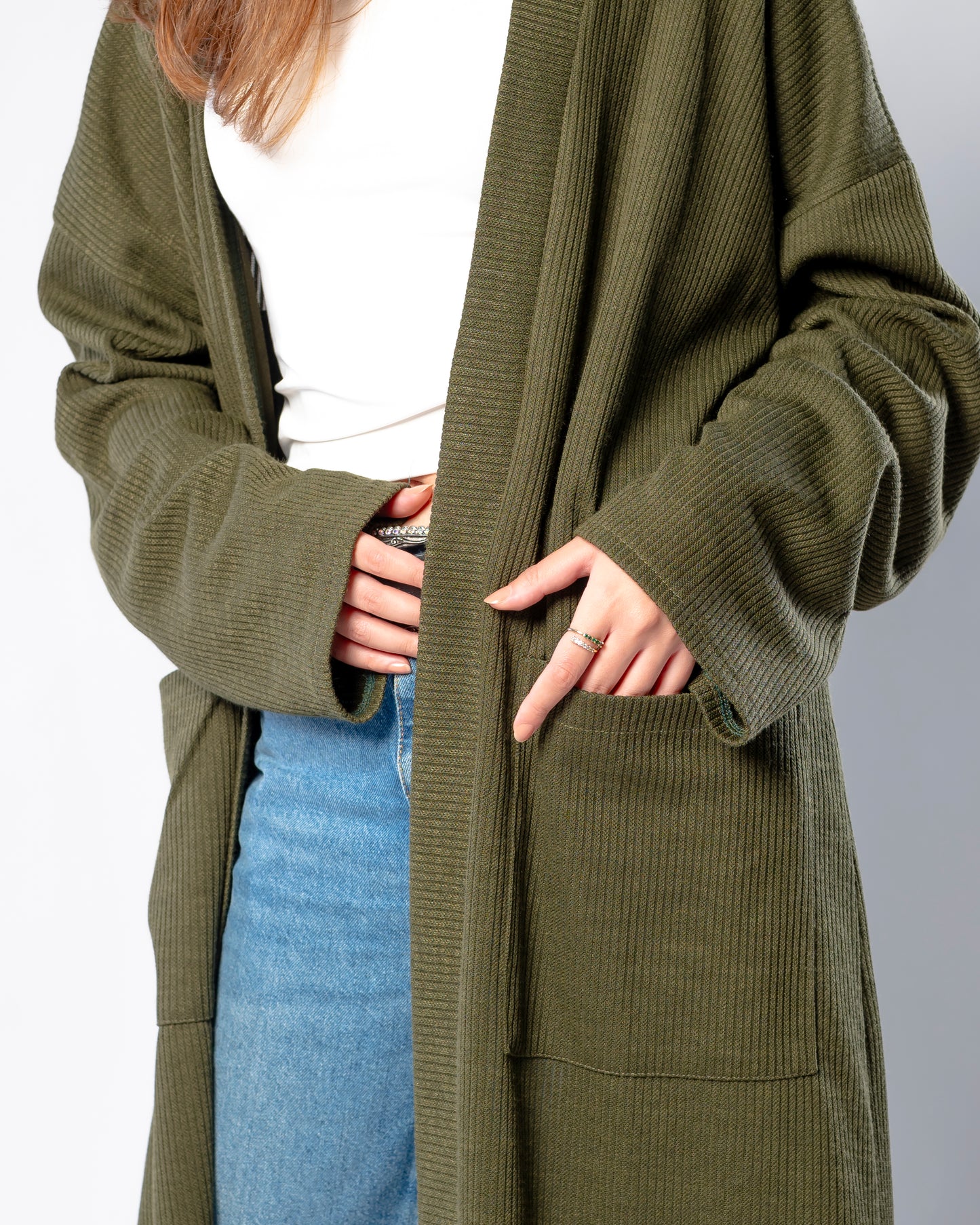 Relaxed long cardigan in Olive.