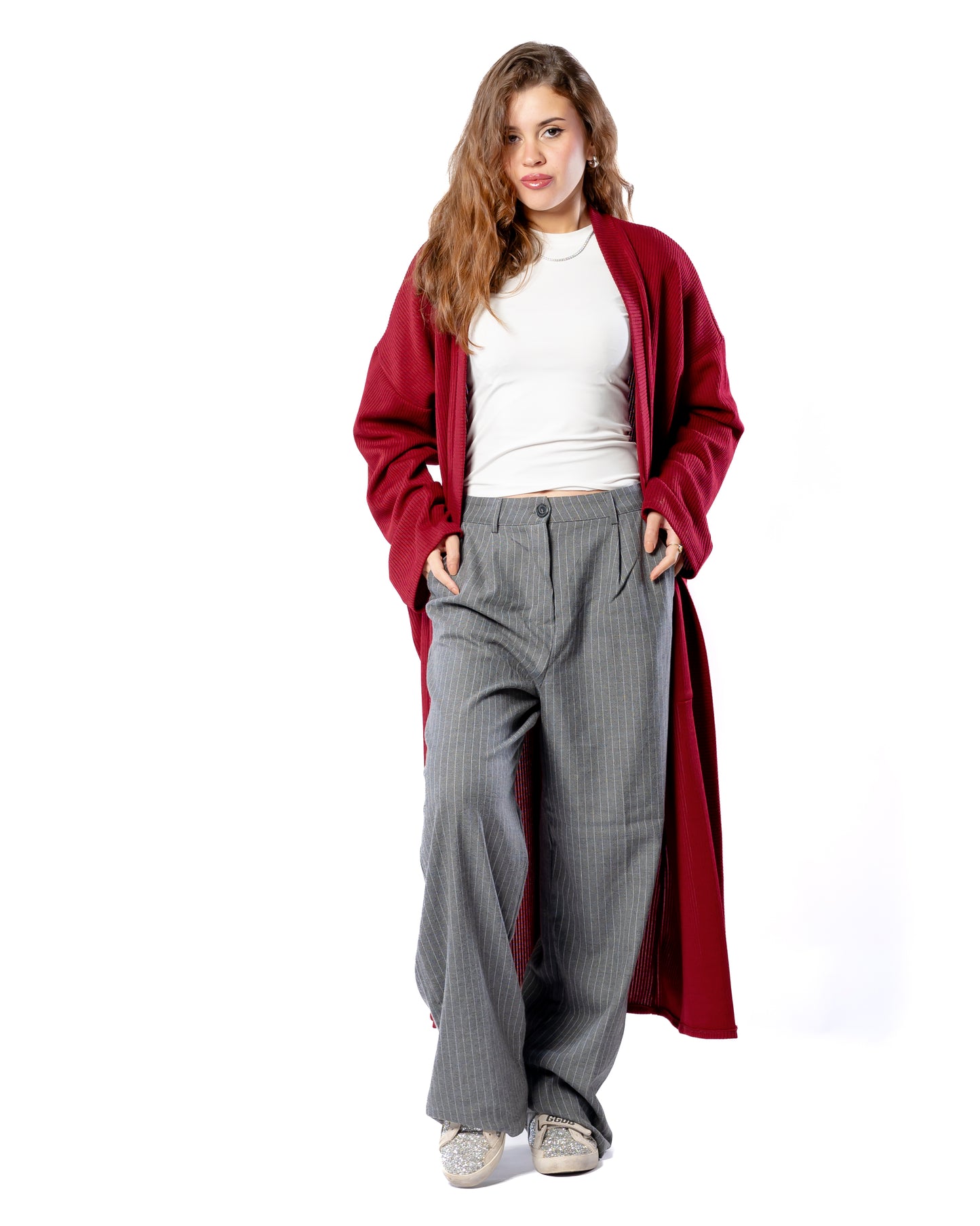 Relaxed long cardigan in Burgundy.