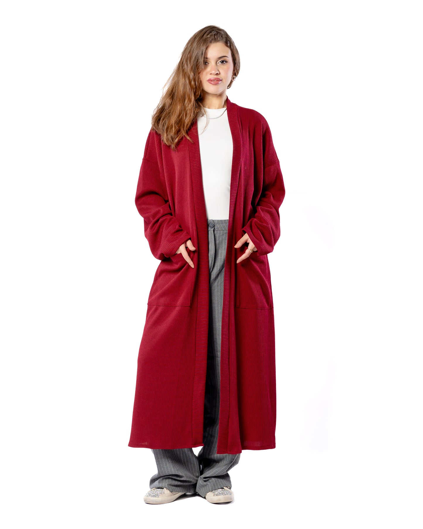 Relaxed long cardigan in Burgundy.