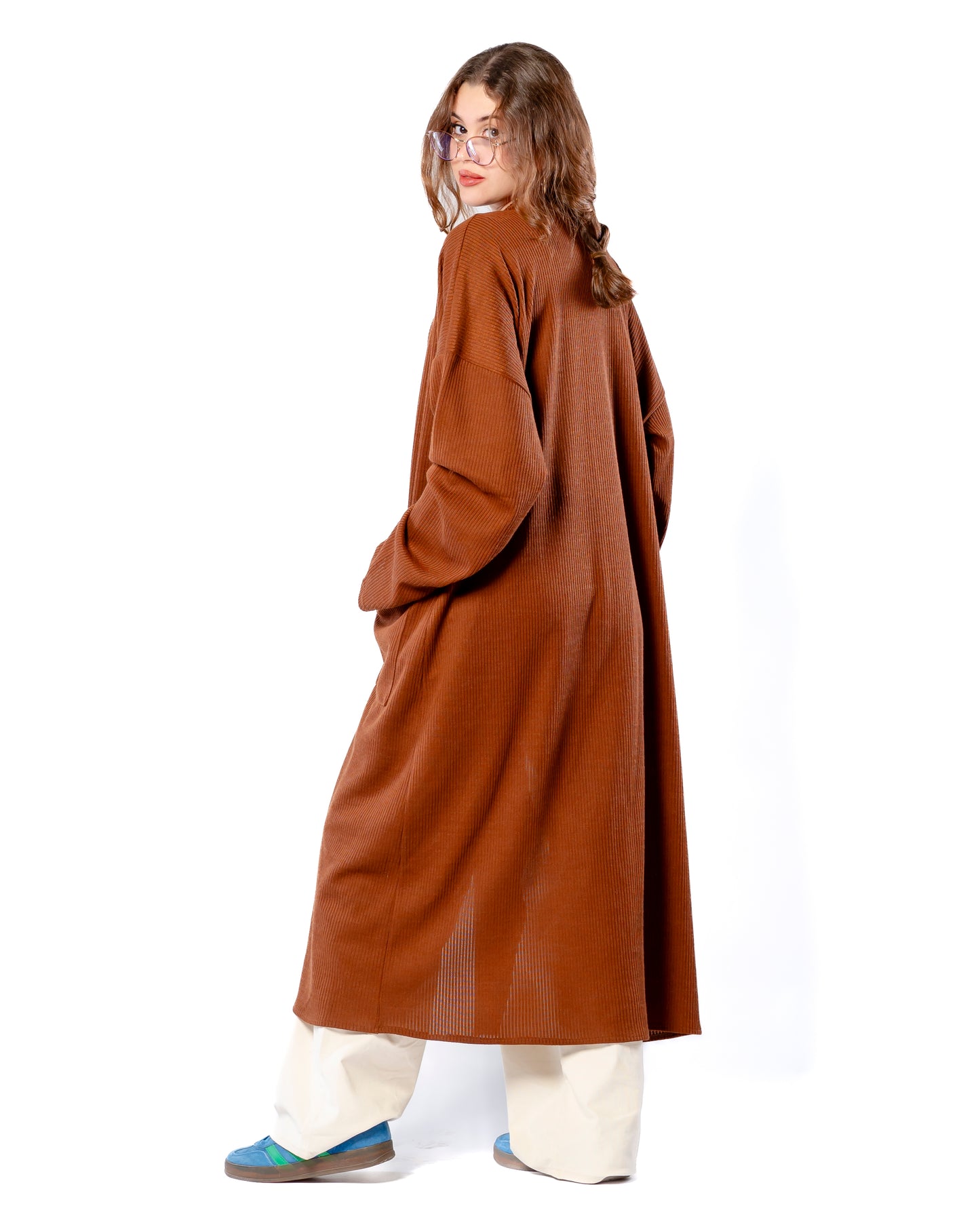 Relaxed long cardigan in Chocolate Brown.